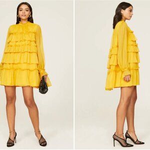 Adam Lippes Tiered Ruffle Dress Mini Shift Mock Neck Long Sleeve Yellow Size 8